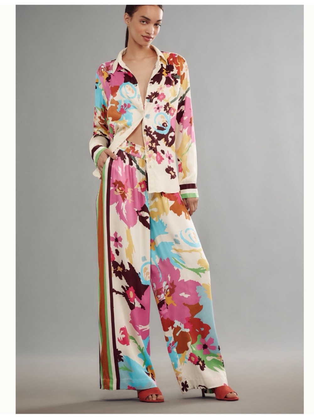 NWT Anthro Conditions Apply Imara Satin Vibrant Floral Print Wide-Leg Pants , XL - Picture 5 of 11